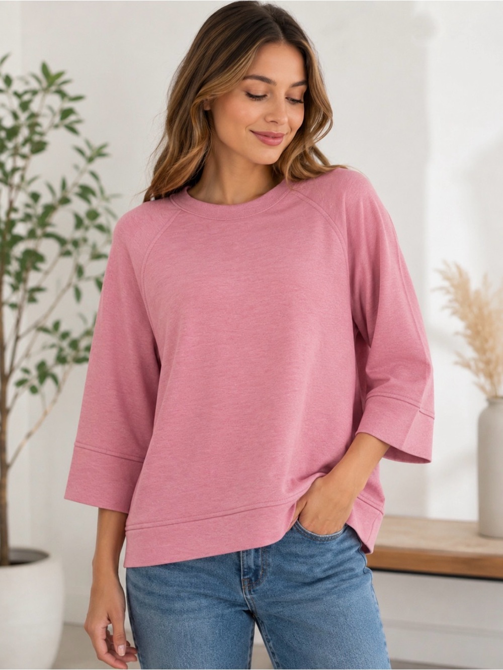 Zenana Scuba 3/4 Sleeve Pullover Lt Rose NWT